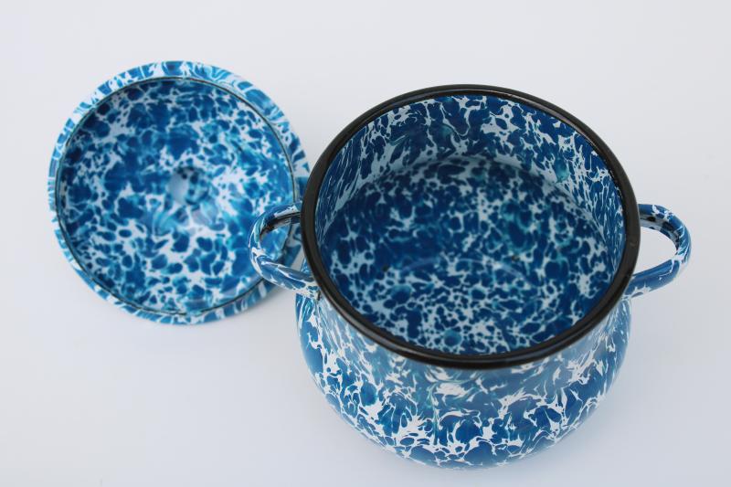 vintage blue & white swirl splatterware enamel covered jar, small canister or sugar bowl