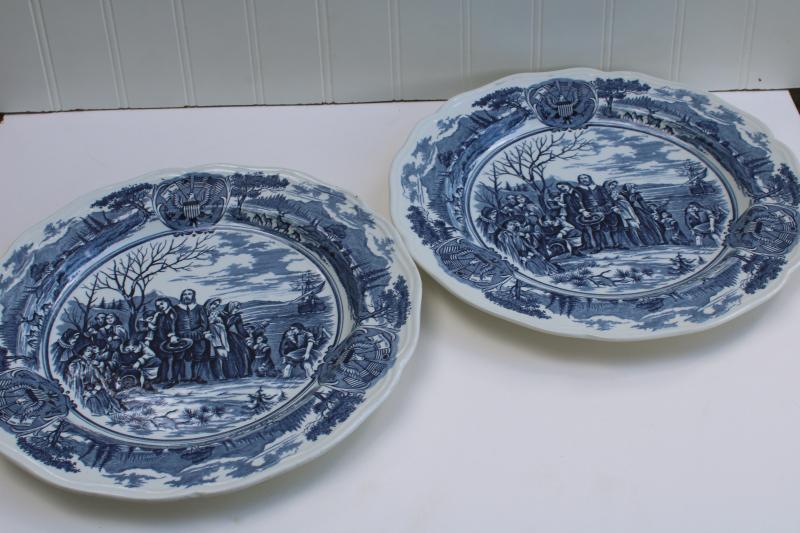 vintage blue & white transferware Thanksgiving plates Pilgrims at Plymouth America Hurrah
