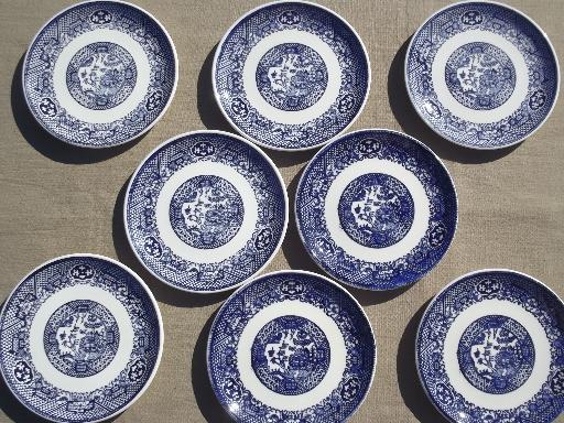 vintage blue willow china cake plates, old unmarked blue & white pottery