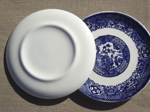 vintage blue willow china cake plates, old unmarked blue & white pottery