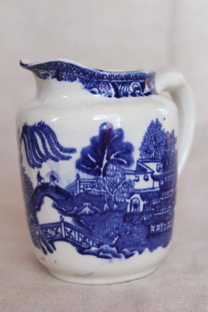 vintage blue willow china cream pitcher of milk jug, William James England semi porcelain