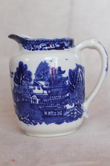 vintage blue willow china cream pitcher of milk jug, William James England semi porcelain