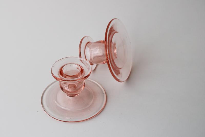 vintage blush pink depression glass candle holders, pair of low candlesticks