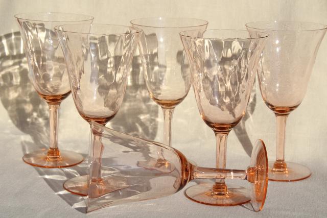 vintage blush pink depression glass water glasses or wine goblets, panel optic pattern