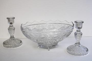 vintage bohemian crystal wheel cut candlesticks, pair candle holders w/ flower bowl