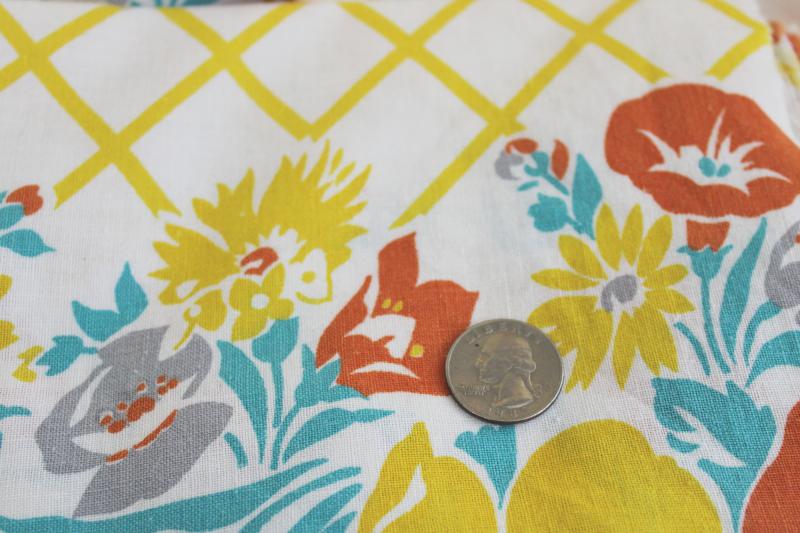 vintage border print cotton feedsacks, feed sack fabric yellow & orange flower lattice