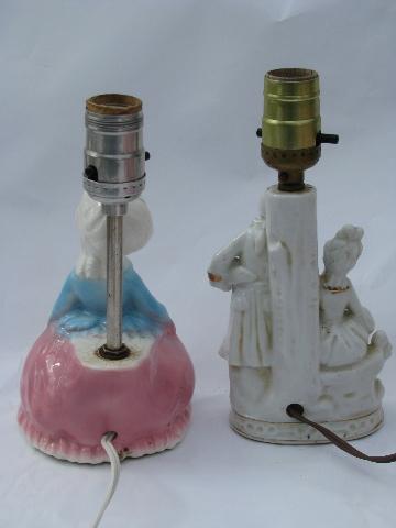 vintage boudoir nightstand reading lamps w/ china figures, shabby cottage chic