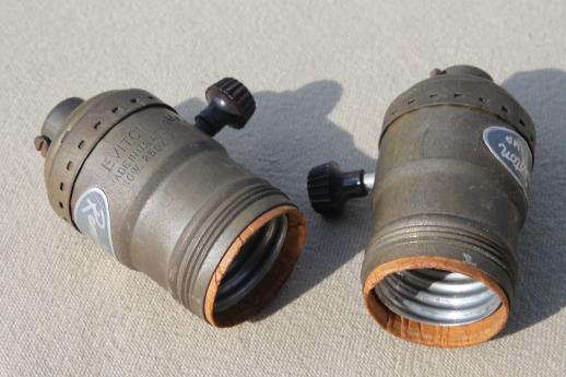 vintage brass Leviton lamp sockets, tarnished brass w/ Remmington lamp labels