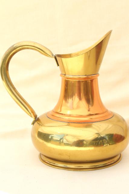 vintage brass and copper pitcher, rustic English brass water jug or vase