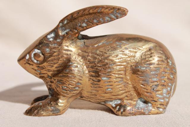 vintage brass animal figurine, solid brass bunny rabbit w/ rustic tarnished patina