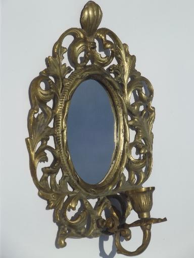 vintage brass candle holder, wall sconce w/  mirror in ornate oval frame