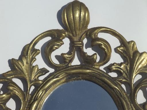 vintage brass candle holder, wall sconce w/  mirror in ornate oval frame