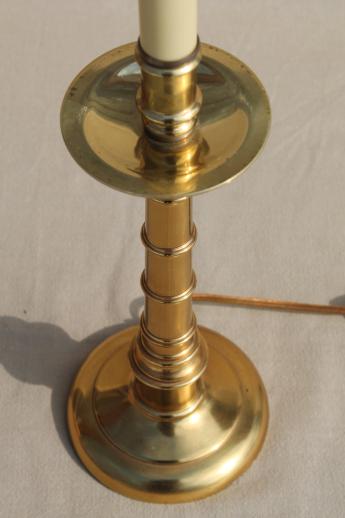 vintage brass candlestick lamp, colonial bamboo desk or table lamp w/ candle stick bas