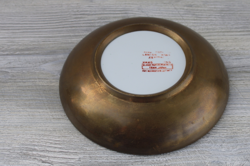 vintage brass clad porcelain bowl ashtray hand painted Canton Ware Hong Kong