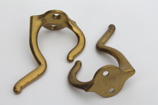 vintage brass double coat hooks, lot of 33 brass plated wall hooks for coat rack