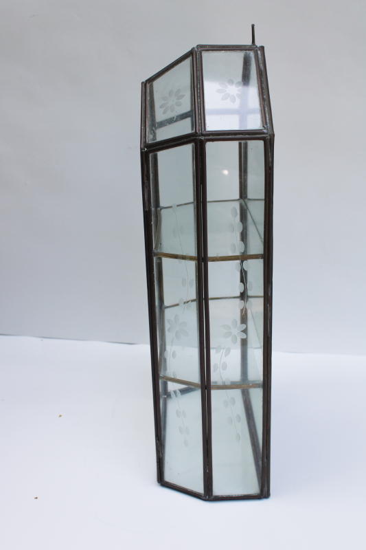 Vintage Brass Etched Glass Mirrored Display Case Small Curio Cabinet W Shelves