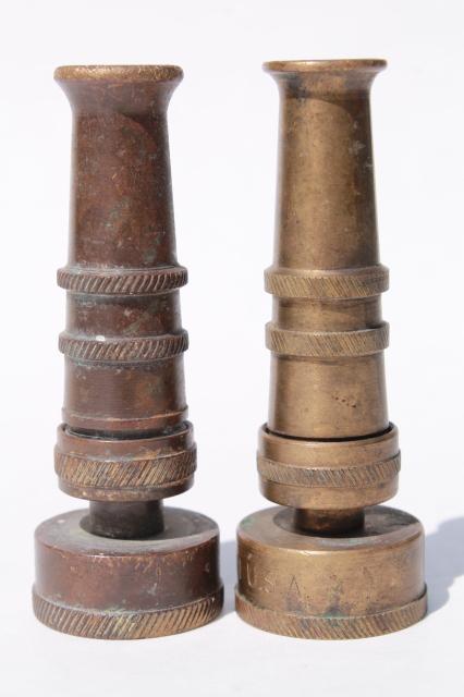 vintage brass garden hose nozzles, solid brass w/ primitive old patina