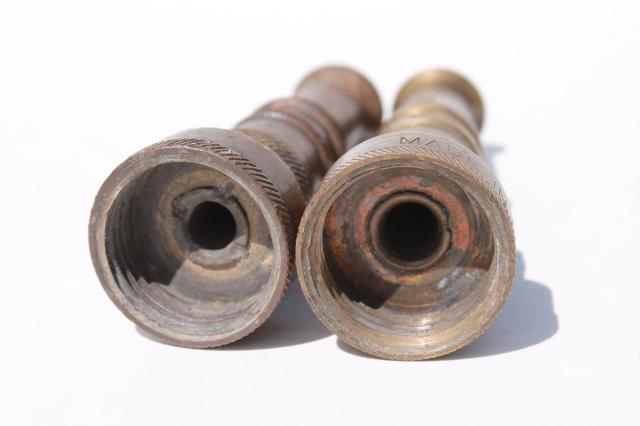 vintage brass garden hose nozzles, solid brass w/ primitive old patina