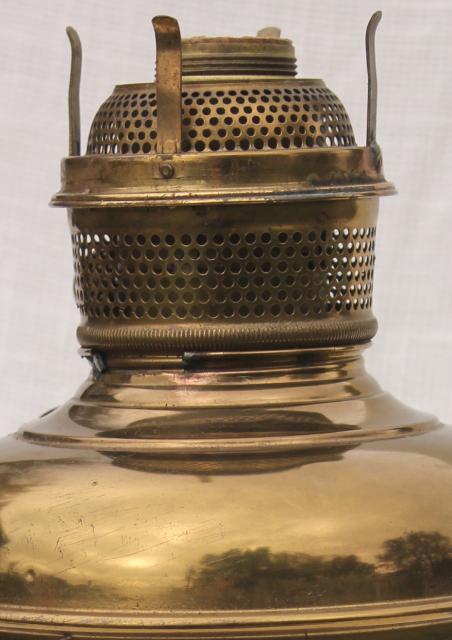 vintage brass lamp w/ glass chimney, old oil lamp converted to electric light