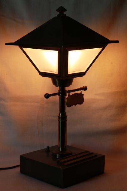 vintage brass 'street lamp' electric desk light w/ metal lantern shade