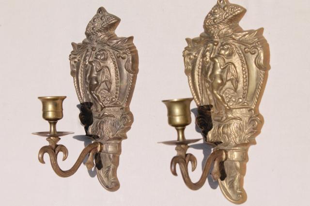 vintage brass wall sconce pair, candle sconces w/ embossed figures of classical mythology