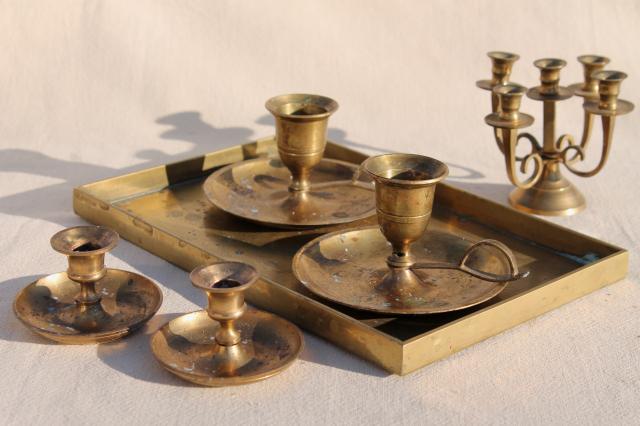 vintage brassware, solid brass tray, collection of candle holders for small candles