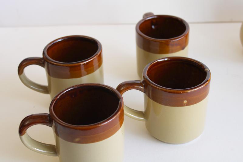 vintage brown band stoneware pottery coffee pot set cream & sugar, mugs