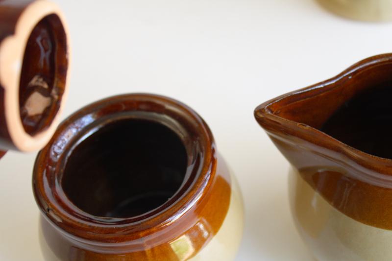 vintage brown band stoneware pottery coffee pot set cream & sugar, mugs