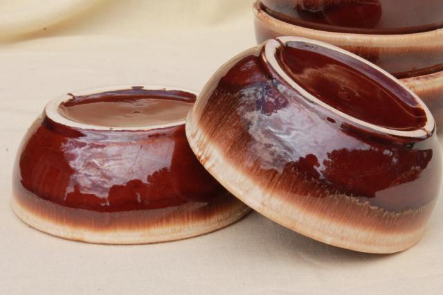 vintage brown drip ceramic soup or cereal bowls, heavy stoneware pottery dishes