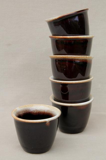 vintage brown drip glaze pottery custard cups, set of six creme brulee pots