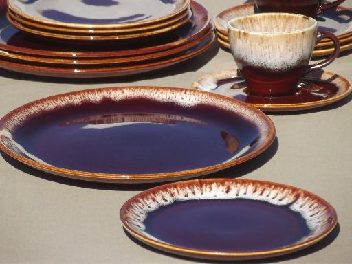 vintage brown drip pottery dishes set for four, plates, cups & saucers