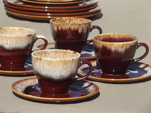 vintage brown drip pottery dishes set for four, plates, cups & saucers