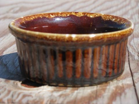 vintage brown drip pottery individual baking ramekins or custard cups
