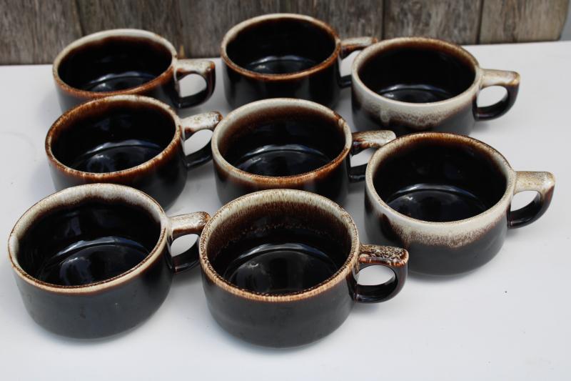 vintage brown drip pottery mugs, stackable cups Pfaltzgraff heavy stoneware 