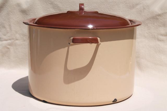 vintage brown & tan enamelware canner / stock pot for hot water home canning
