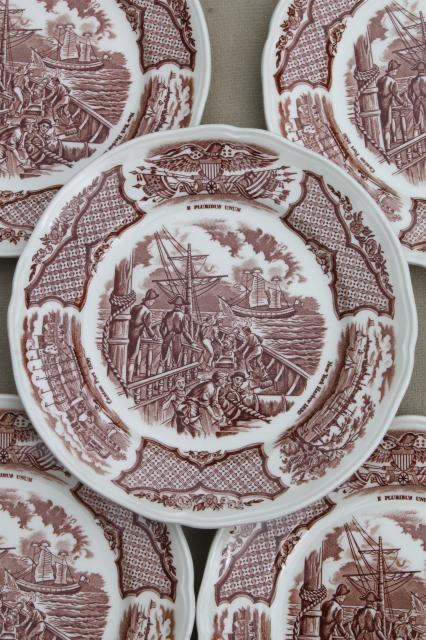vintage brown transferware china plates, Fair Winds tall ships & Chinese junks