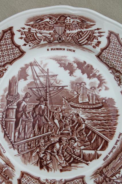 vintage brown transferware china plates, Fair Winds tall ships & Chinese junks
