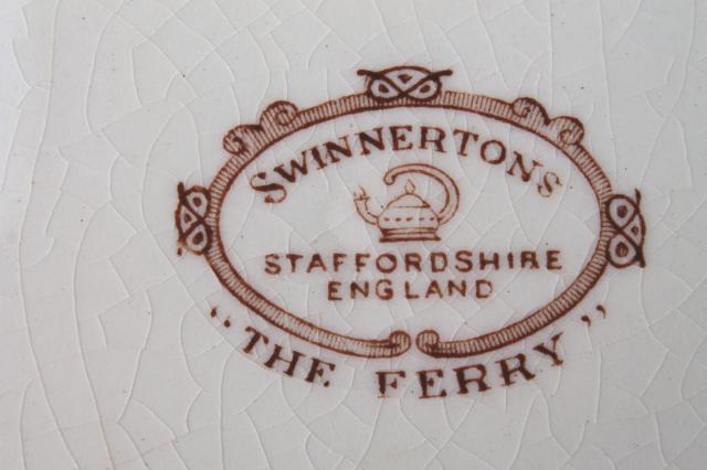 vintage brown transferware china serving bowls, Swinnerton's The Ferry toile style print