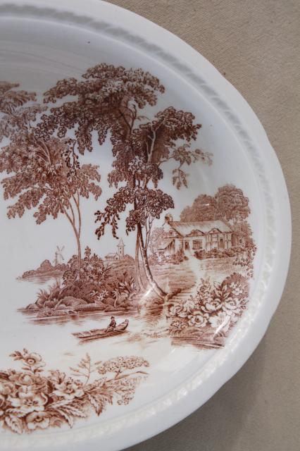 vintage brown transferware china serving bowls, Swinnerton's The Ferry toile style print
