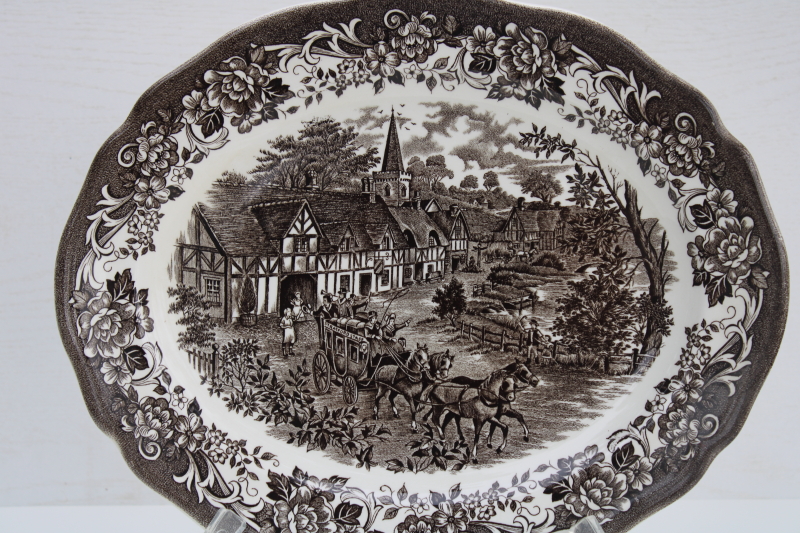 vintage brown transferware ironstone china platter, Stratford Stage English village scene J-G Meakin