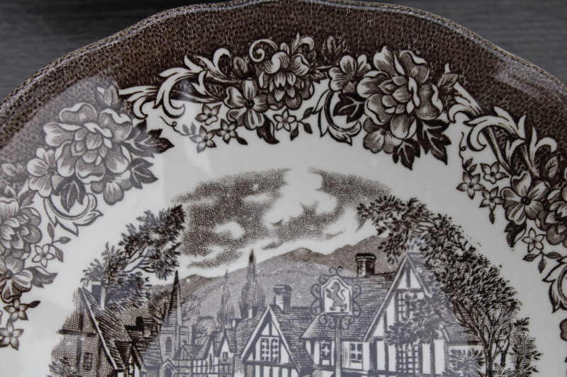 vintage brown transferware ironstone china soup bowls, Stratford Stage English village scene J-G Meakin