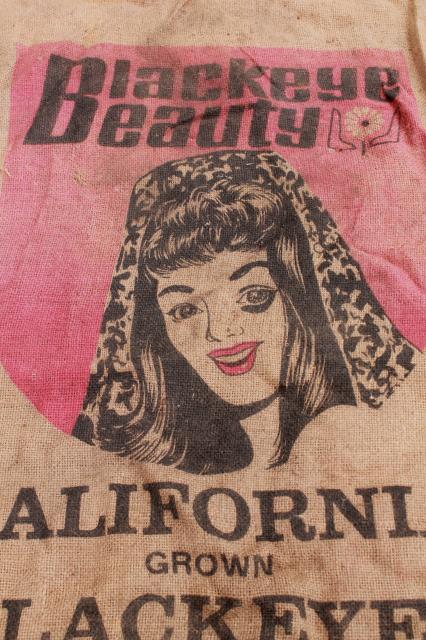 vintage burlap bag, blackeyed peas sack w/ Blackeye Beauty girl graphics