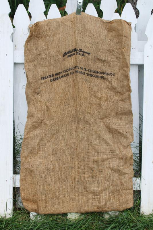 vintage burlap bags, old potato sacks w/ print graphics Big L buck deer silhouette