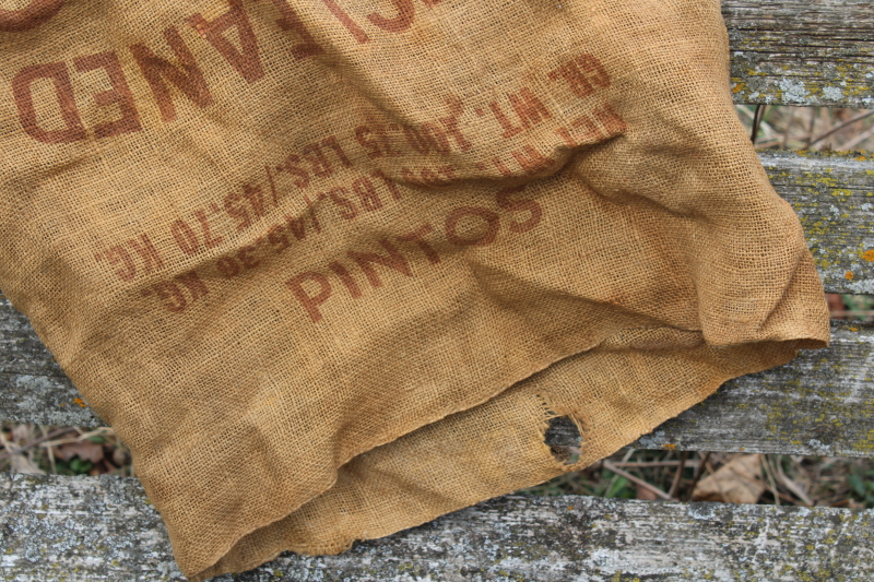 vintage burlap sack from Pinto Beans, rustic ranch decor southwest western chuck wagon style