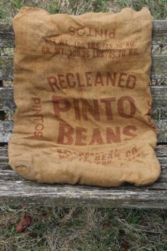 vintage burlap sack from Pinto Beans, rustic ranch decor southwest western chuck wagon style