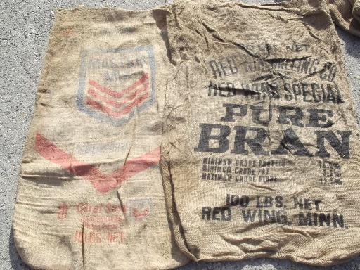 vintage burlap sacks, farm feed bags for primitive old print fabric