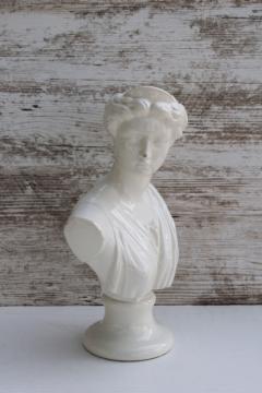 vintage bust of goddess Artemis or Diana, classical statuary large ceramic statue pure white china