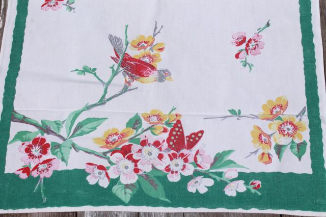 vintage butterflies & flowers print cotton dish towels, 40s 50s printed kitchen linens