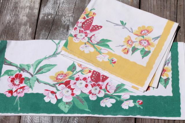 vintage butterflies & flowers print cotton dish towels, 40s 50s printed kitchen linens