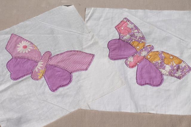 vintage butterfly applique quilt blocks, hand stitched embroidery w/ pretty cotton prints